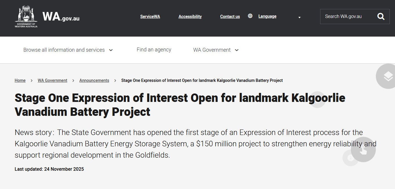 WA-Made Vanadium Battery Sought for Kalgoorlie